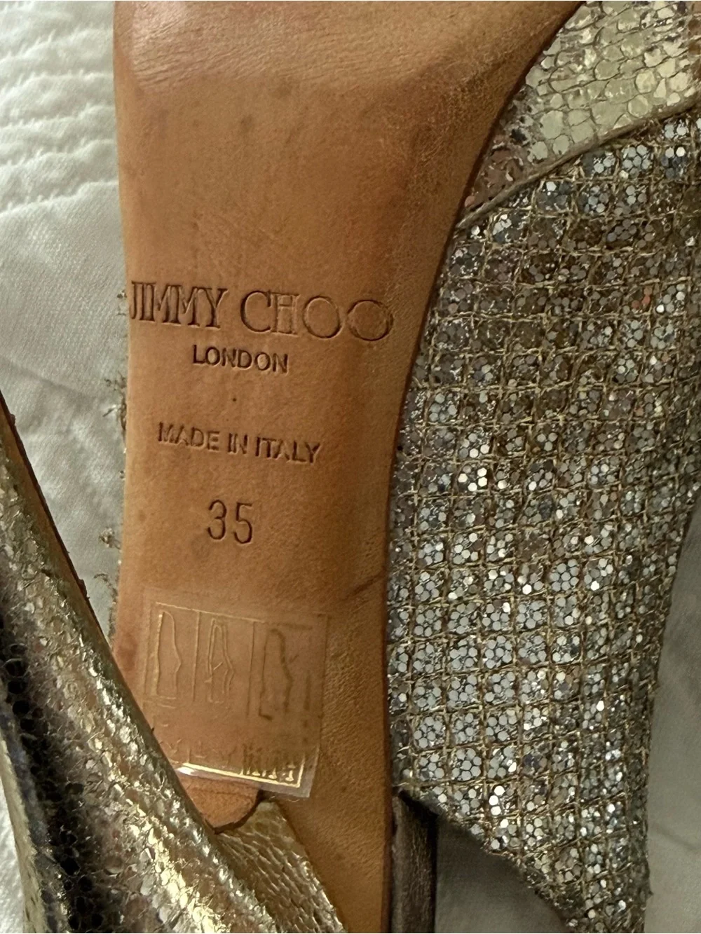 Jimmy Choo Nova Silver Metallic Gold Glitter Slingback Platform Heels EU 35